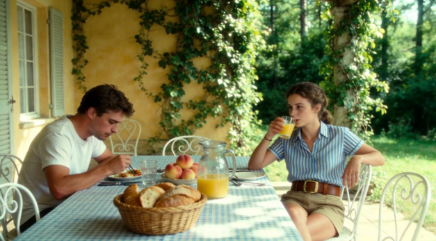 Couple having breakfast outdoors on a sunny patio surrounded by greenery
